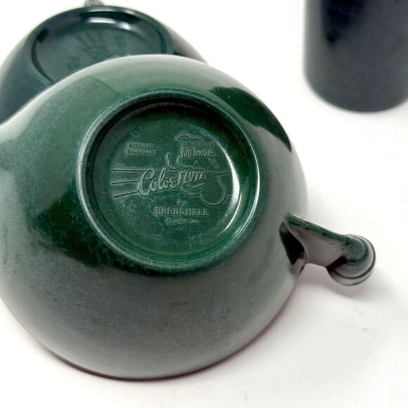 Vtg Color Flyte Creamer and Sugar Set & Juice Cup Branchell Forest Green Melmac - Picture 2 of 11